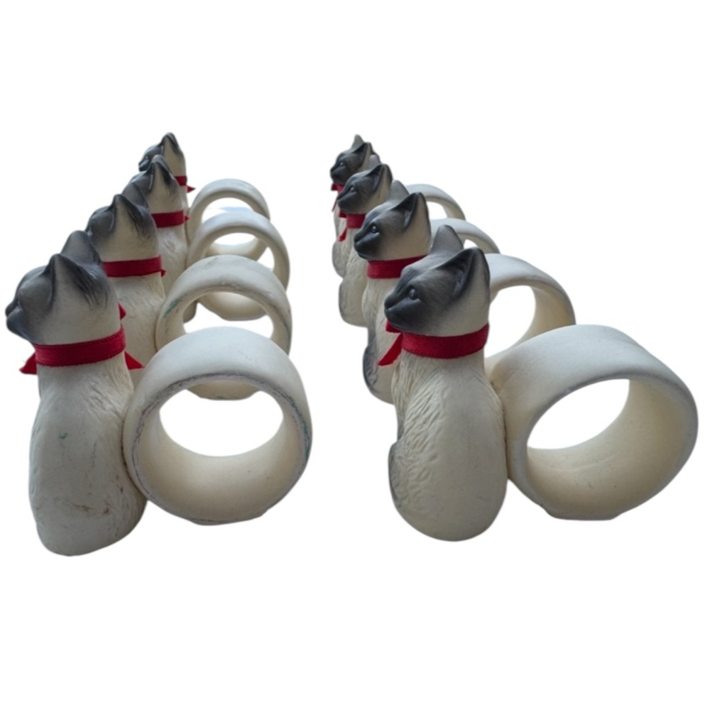 Vintage Siamese Cat Napkin Rings Set Of 8 With Red Bows